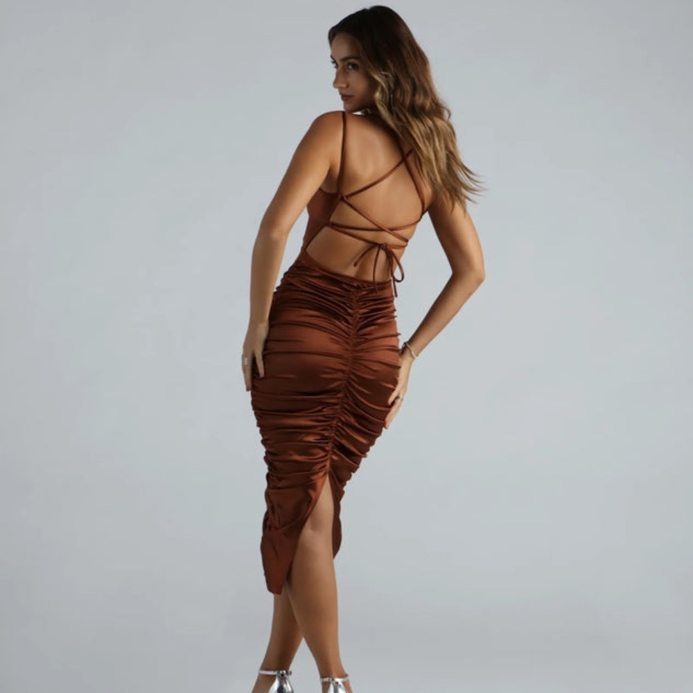Copper Formal Satin Lace-Up Midi Dress